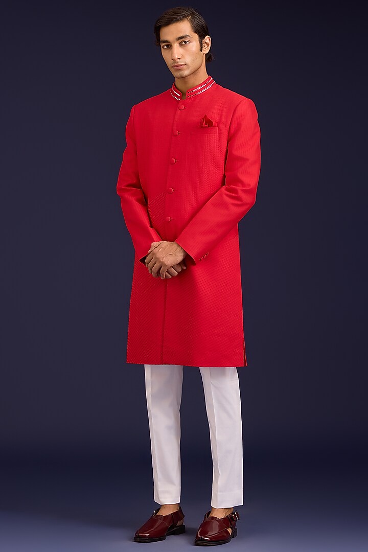Fiery Red Cotton Silk Blend Mirror Work Groom Sherwani Set by Devnaagri Men at Pernia's Pop Up Shop