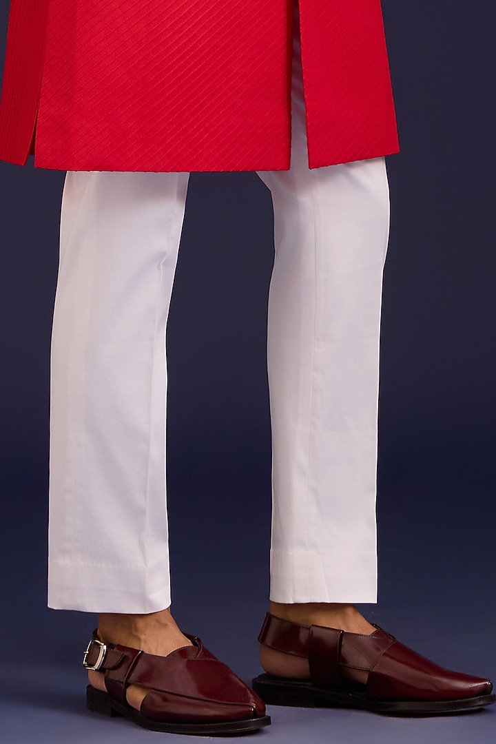 Fiery Red Cotton Silk Blend Mirror Work Groom Sherwani Set by Devnaagri Men at Pernia's Pop Up Shop