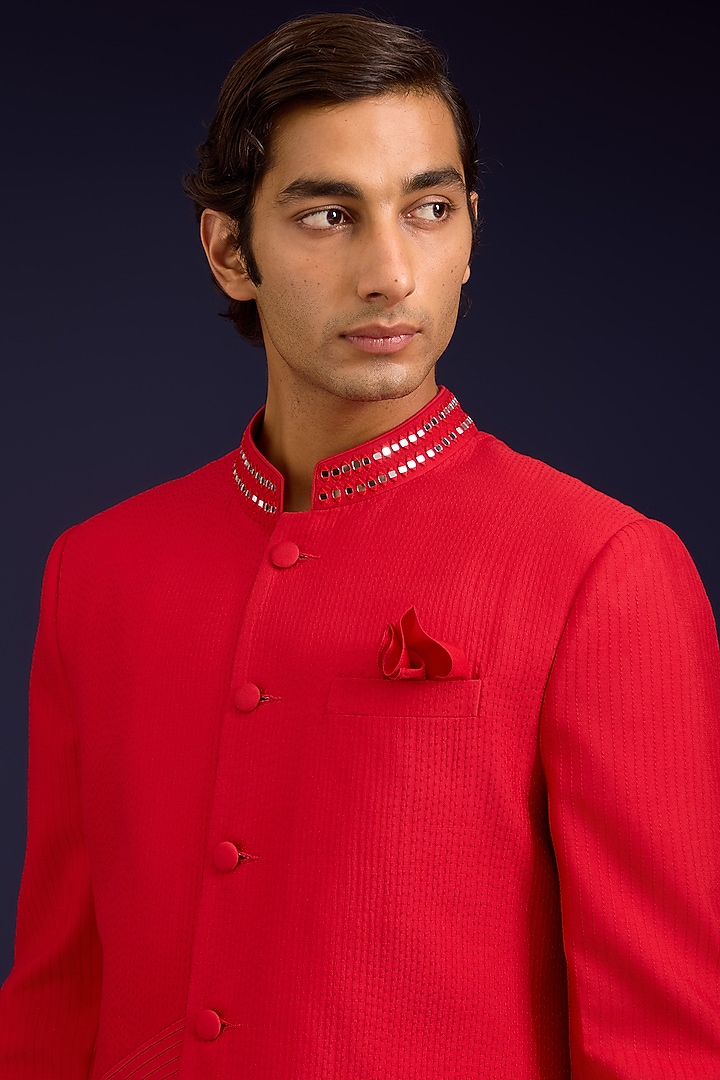 Fiery Red Cotton Silk Blend Mirror Work Groom Sherwani Set by Devnaagri Men at Pernia's Pop Up Shop