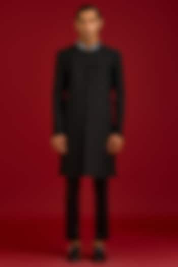 Black Cotton Silk Blend Mirror Work Groom Sherwani Set by Devnaagri Men at Pernia's Pop Up Shop