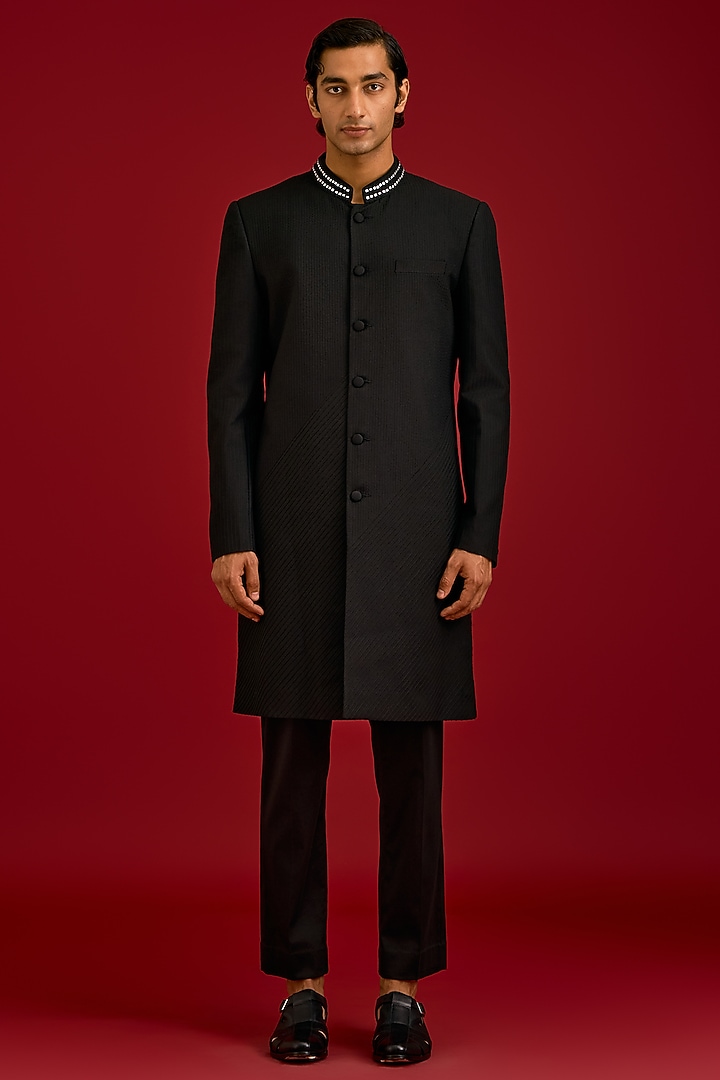 Black Cotton Silk Blend Mirror Work Groom Sherwani Set by Devnaagri Men at Pernia's Pop Up Shop
