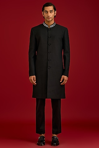 Black Cotton Silk Blend Mirror Work Sherwani Set by Devnaagri Men