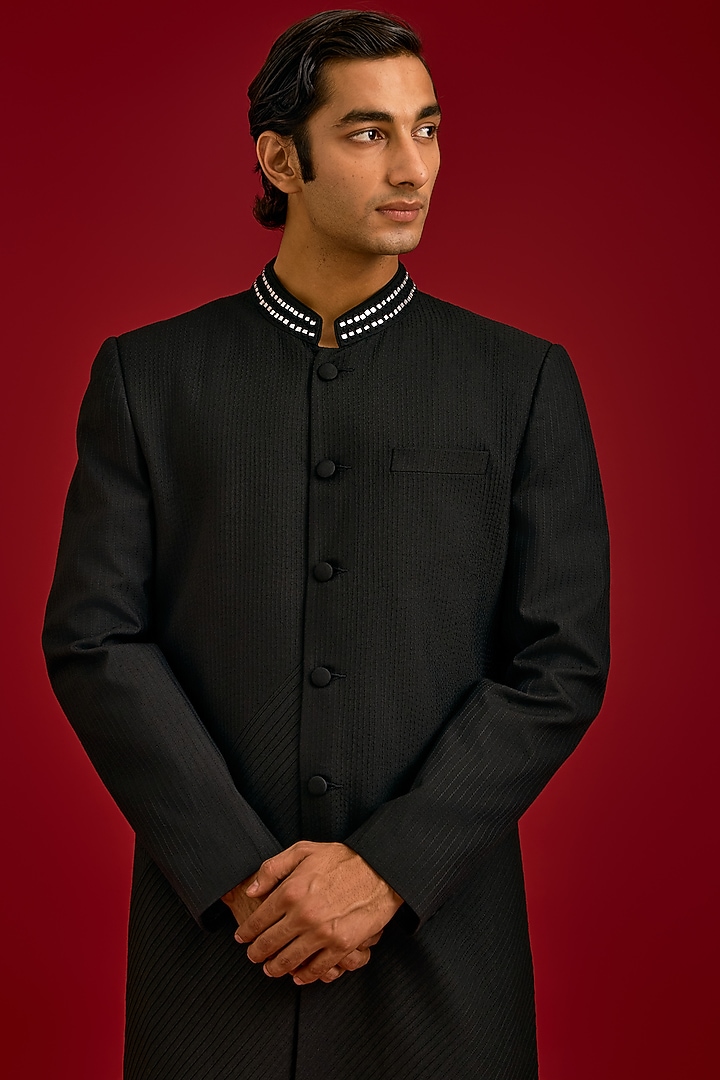 Black Cotton Silk Blend Mirror Work Groom Sherwani Set by Devnaagri Men at Pernia's Pop Up Shop