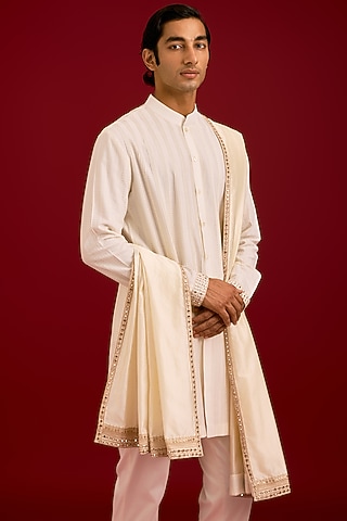 Ivory Chinniya Silk Dori Embroidered Stole by Devnaagri Men