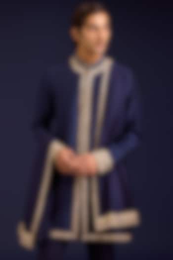 Navy Chinniya Silk Dori Embroidered Stole by Devnaagri Men at Pernia's Pop Up Shop