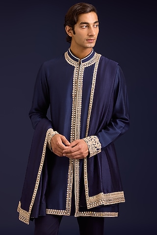 Navy Chinniya Silk Dori Embroidered Stole by Devnaagri Men