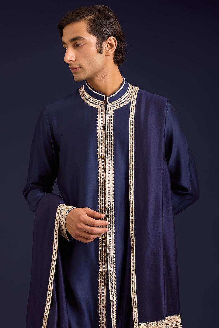 Navy Chinniya Silk Dori Embroidered Stole by Devnaagri Men at Pernia's Pop Up Shop