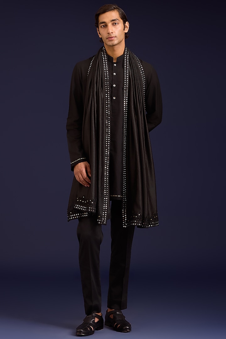 Black Chinniya Silk Dori Embroidered Stole by Devnaagri Men at Pernia's Pop Up Shop