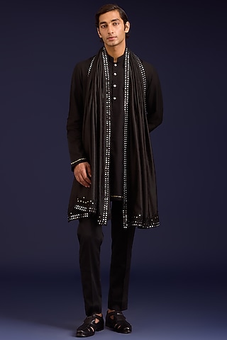 Black Chinniya Silk Dori Embroidered Stole by Devnaagri Men