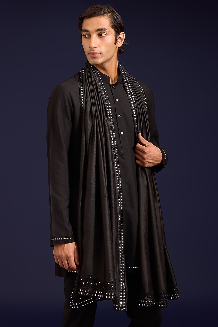 Black Chinniya Silk Dori Embroidered Stole by Devnaagri Men at Pernia's Pop Up Shop