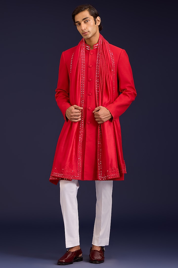 Red Chinniya Silk Dori Embroidered Stole by Devnaagri Men at Pernia's Pop Up Shop