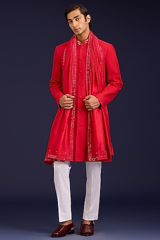 Red Chinniya Silk Dori Embroidered Stole by Devnaagri Men