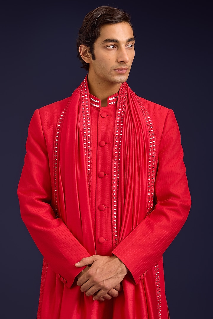 Red Chinniya Silk Dori Embroidered Stole by Devnaagri Men at Pernia's Pop Up Shop