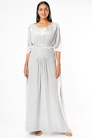 Grey Embroidered Pleated Kaftan With Belt by dev r nil