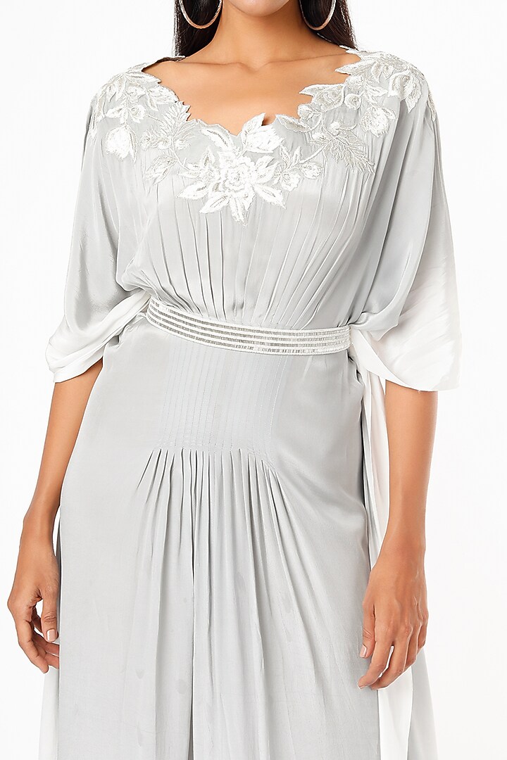 Grey Embroidered Pleated Kaftan With Belt by Dev R Nil at Pernia's Pop Up Shop