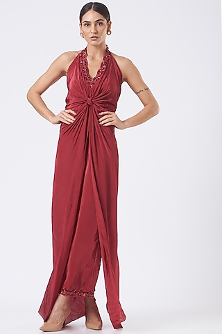 Deep Red Embroidered Tunic Set by Dev R Nil