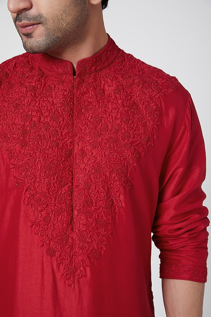Red Floral Embroidered Kurta by Dev R Nil Men at Pernia's Pop Up Shop