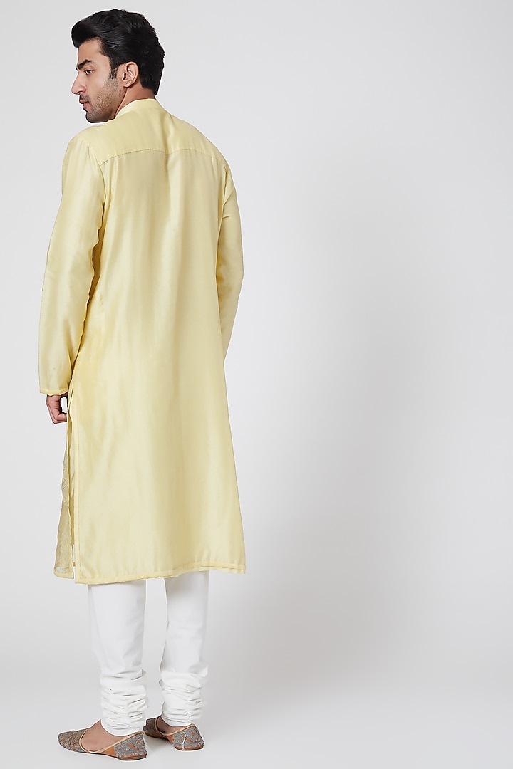 Yellow Silk Applique Kurta by Dev R Nil Men at Pernia's Pop Up Shop