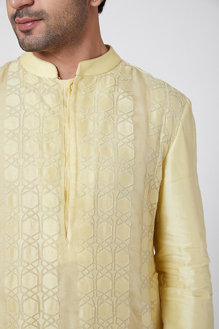 Yellow Silk Applique Kurta by Dev R Nil Men at Pernia's Pop Up Shop