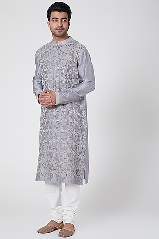 Grey Floral Embroidered Kurta by Dev R Nil Men