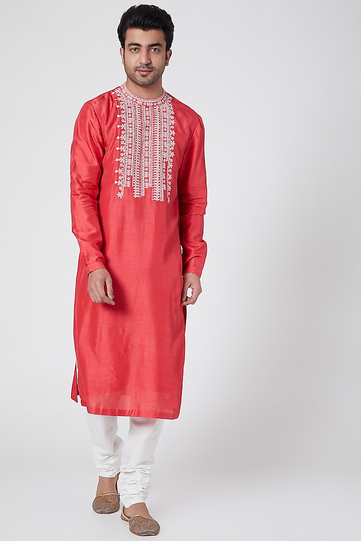 Coral Embroidered Silk Kurta by Dev R Nil Men