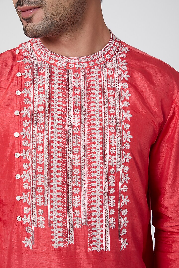 Coral Embroidered Silk Kurta by Dev R Nil Men at Pernia's Pop Up Shop