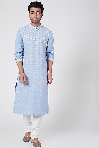 Sky Blue Floral Embroidered Kurta by Dev R Nil Men