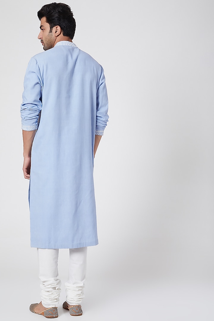 Sky Blue Floral Embroidered Kurta by Dev R Nil Men at Pernia's Pop Up Shop