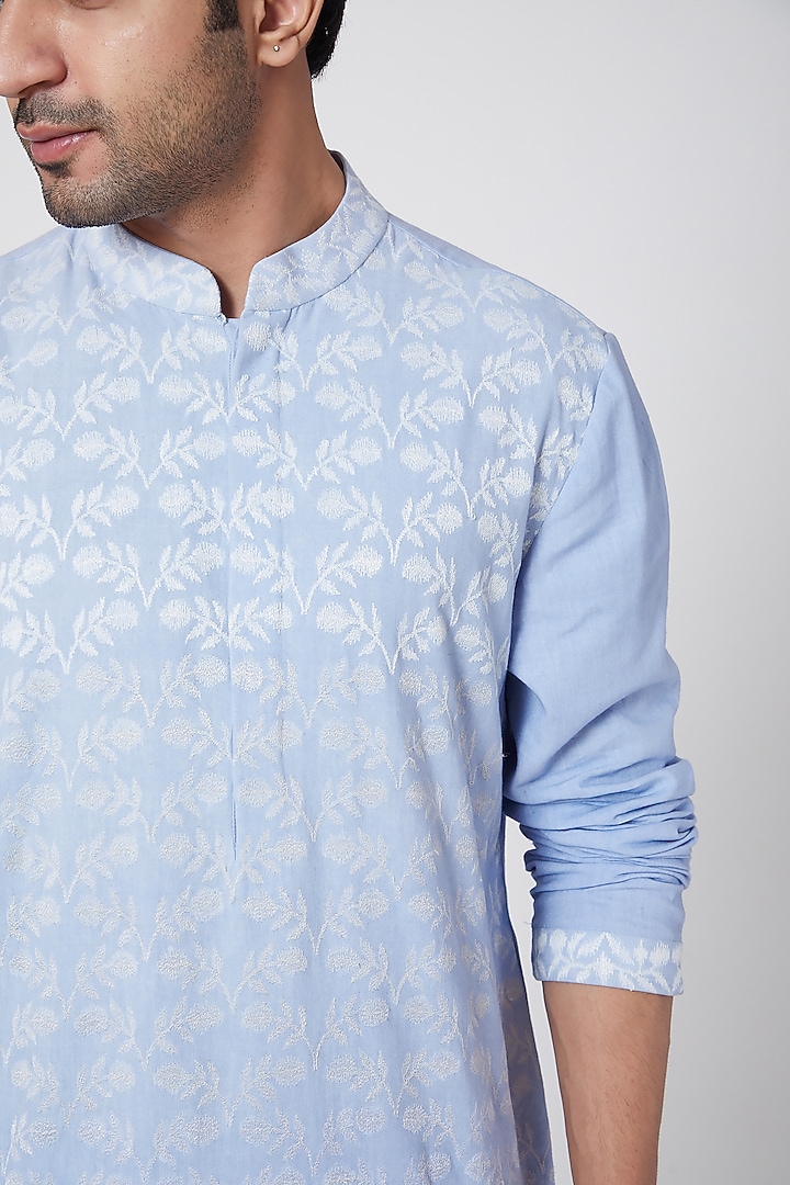 Sky Blue Floral Embroidered Kurta by Dev R Nil Men at Pernia's Pop Up Shop