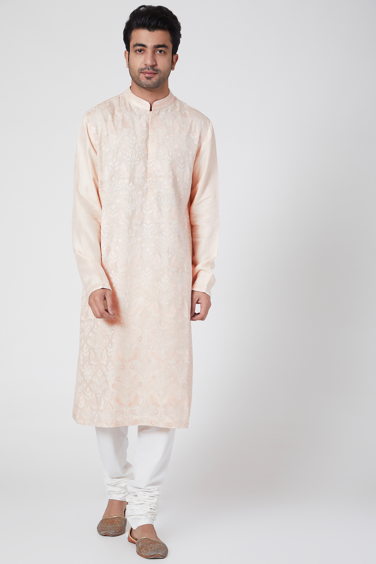 Peach Silk Thread Embroidered Kurta by Dev R Nil Men at Pernia's Pop Up Shop