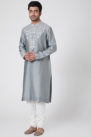 Grey Thread Embroidered Kurta by Dev R Nil Men