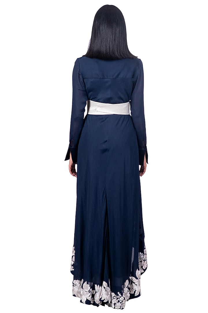 Midnight Blue Embroidered Circular Shirt Tunic Set by Dev R Nil at Pernia's Pop Up Shop