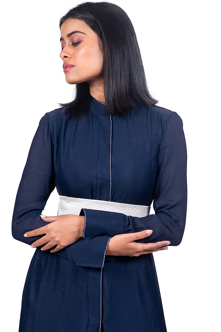 Midnight Blue Embroidered Circular Shirt Tunic Set by Dev R Nil at Pernia's Pop Up Shop