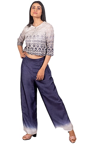 Grey Ombre Embroidered Cropped Jacket Set by Dev R Nil