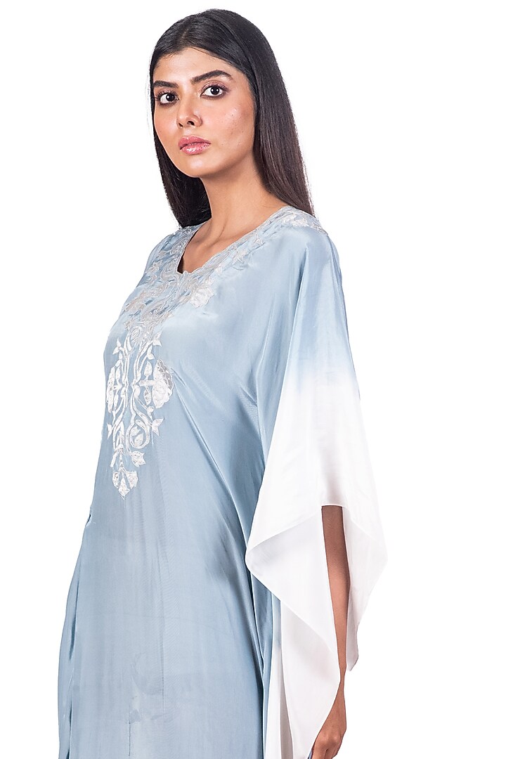 Sky Blue & White Crepe Asymmetrical Kaftan by Dev R Nil at Pernia's Pop Up Shop