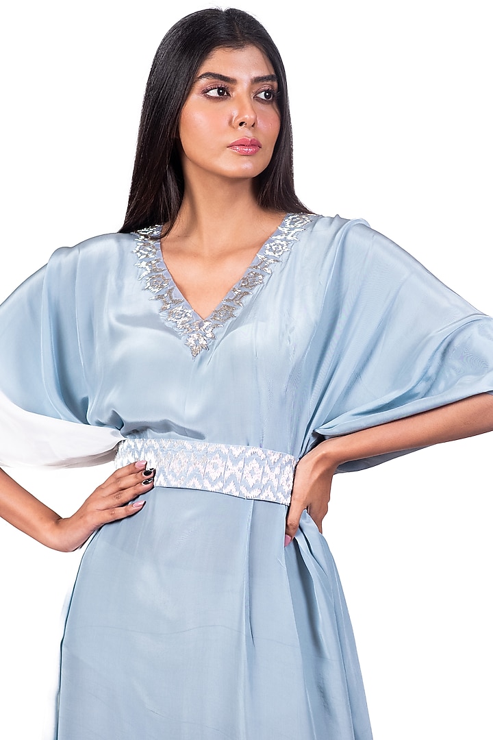 Sky Blue & White Tie-Dyed Kaftan With Belt by Dev R Nil at Pernia's Pop Up Shop