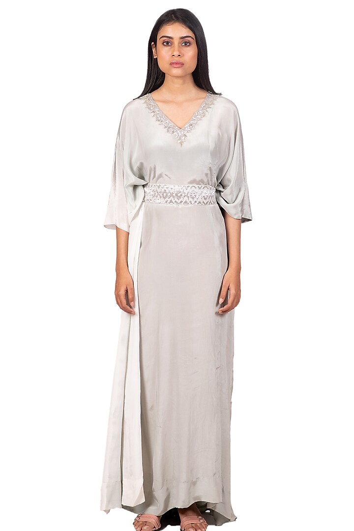 Grey & White Asymmetrical Kaftan With Belt by Dev R Nil