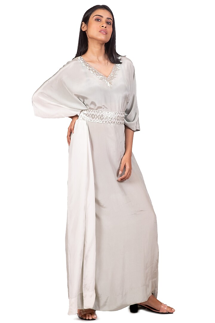 Grey & White Asymmetrical Kaftan With Belt by Dev R Nil at Pernia's Pop Up Shop