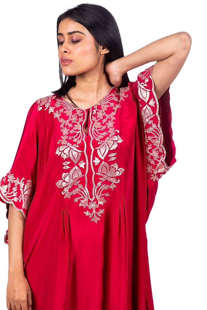 Fiery Red Embroidered Kaftan Set by Dev R Nil at Pernia's Pop Up Shop