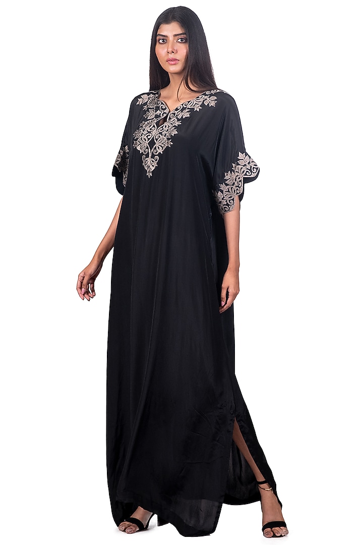 Black Embroidered Kaftan by Dev R Nil at Pernia's Pop Up Shop