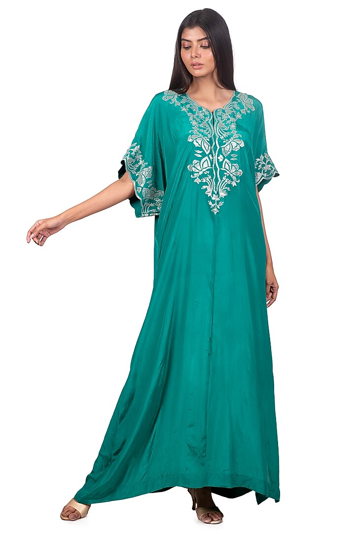 Emerald Green Embroidered Kaftan by Dev R Nil at Pernia's Pop Up Shop