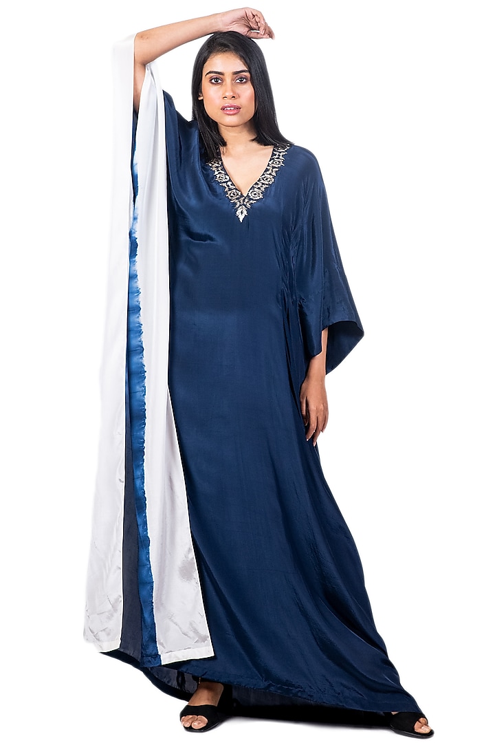 Navy Blue & White Tie-Dyed Kaftan by Dev R Nil