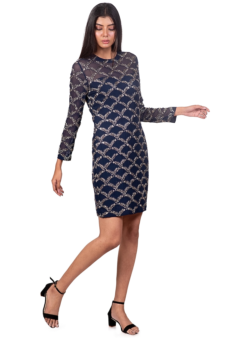 Navy Blue Embroidered Cocktail Mini Party Wear Dress by Dev R Nil at Pernia's Pop Up Shop