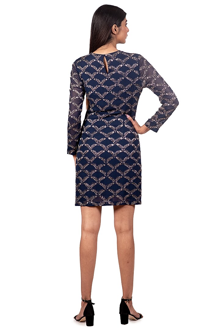 Navy Blue Embroidered Cocktail Mini Party Wear Dress by Dev R Nil at Pernia's Pop Up Shop