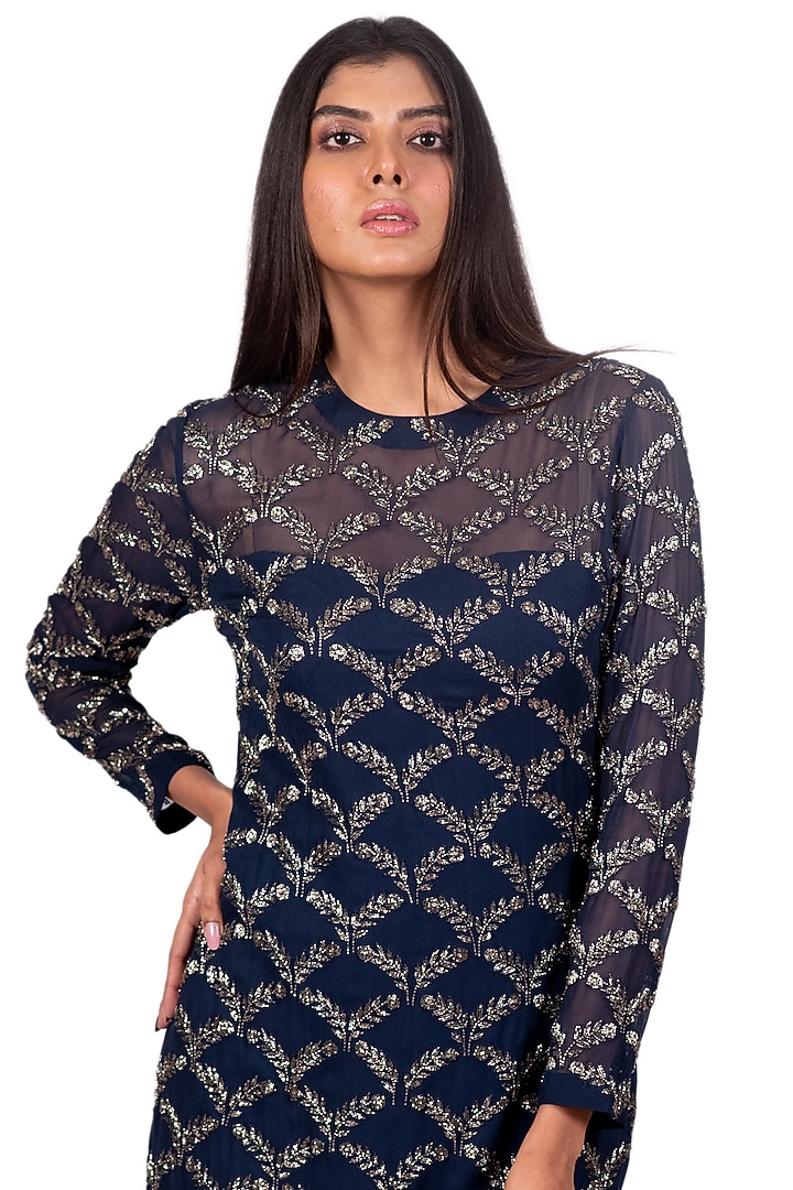 Navy Blue Embroidered Cocktail Mini Party Wear Dress by Dev R Nil at Pernia's Pop Up Shop
