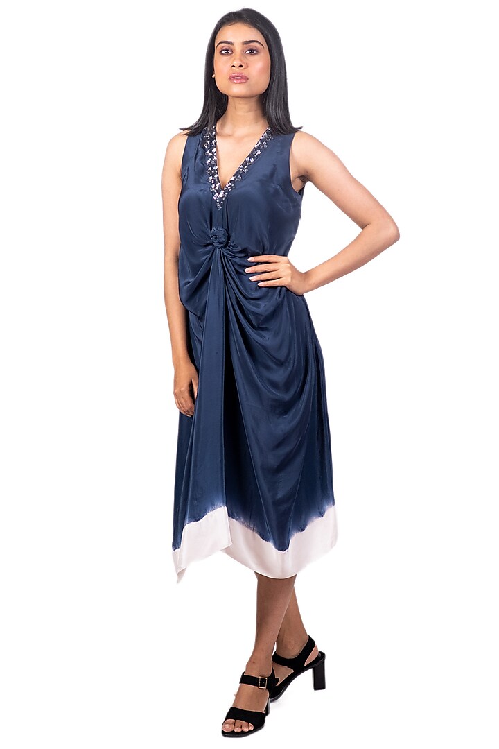 Navy Blue & White Tie-Dyed Knotted Midi Dress by Dev R Nil