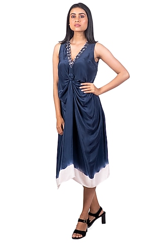 Navy Blue & White Tie-Dyed Knotted Midi Dress by Dev R Nil