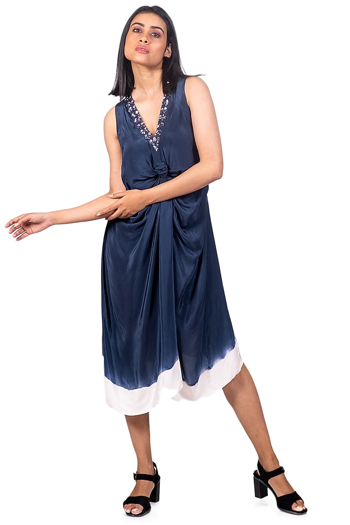 Navy Blue & White Tie-Dyed Knotted Midi Vacation Dress by Dev R Nil at Pernia's Pop Up Shop