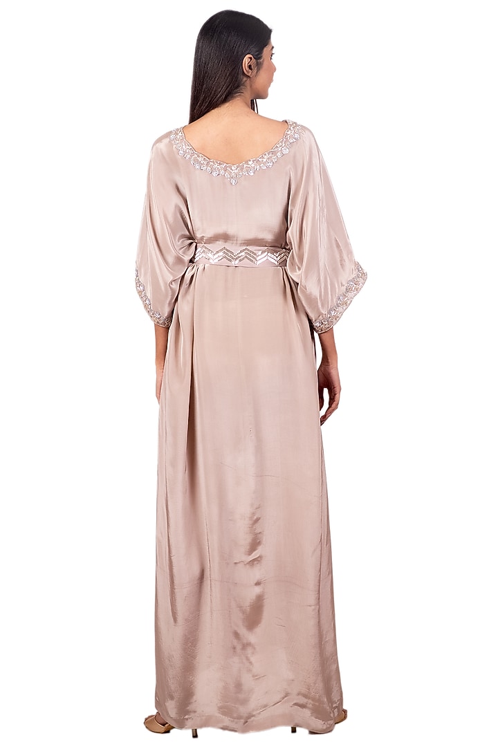 Nude Embroidered Pleated Kaftan With Belt by Dev R Nil at Pernia's Pop Up Shop