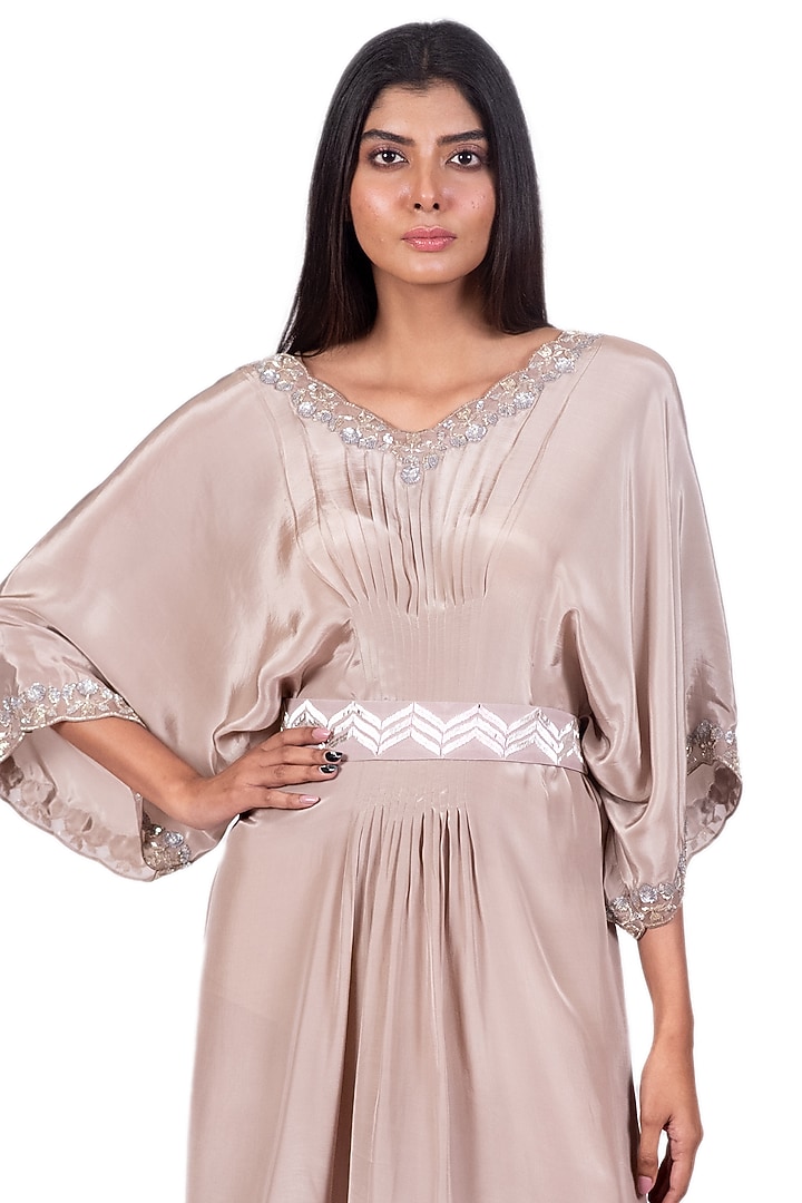 Nude Embroidered Pleated Kaftan With Belt by Dev R Nil at Pernia's Pop Up Shop